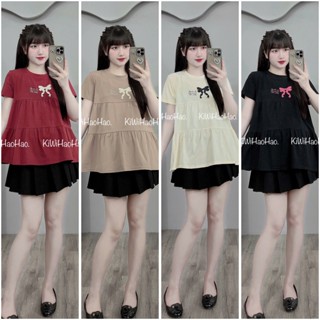 Áo bầu - Áo babydoll cộc tay chất cotton hình in nơ điệu ngực 3 tầng - A058