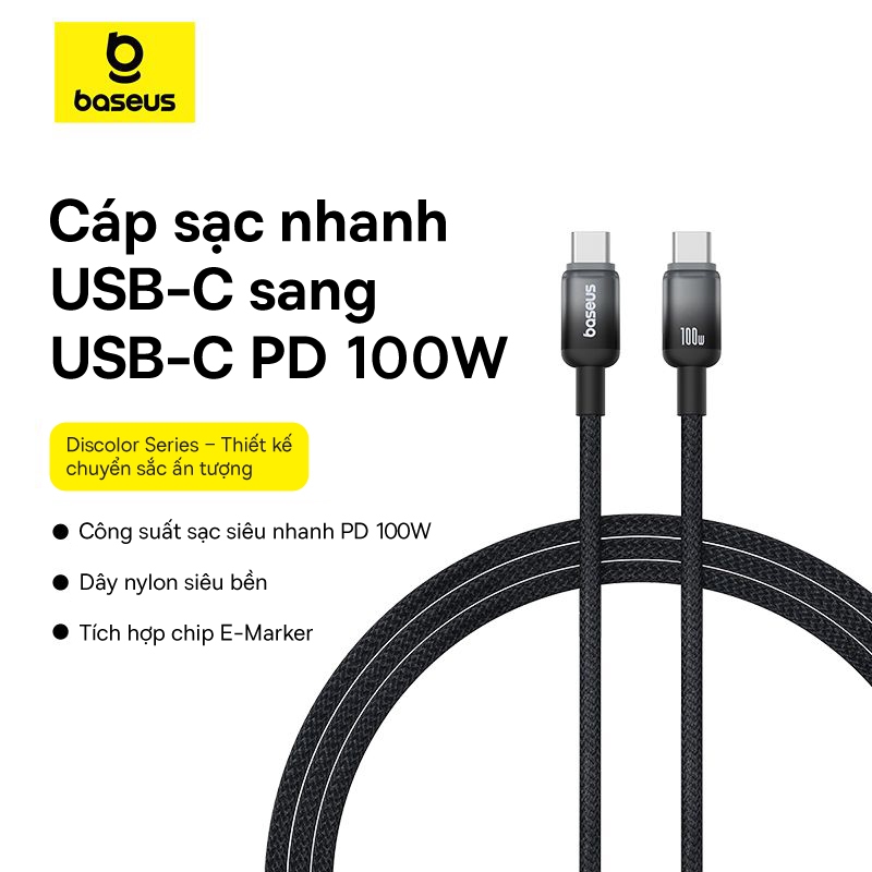 Dây cáp sạc nhanh Baseus Discolor Type C sang USB C 100W cho IP 15 16 Pro Max Cáp truyền dữ liệu chí