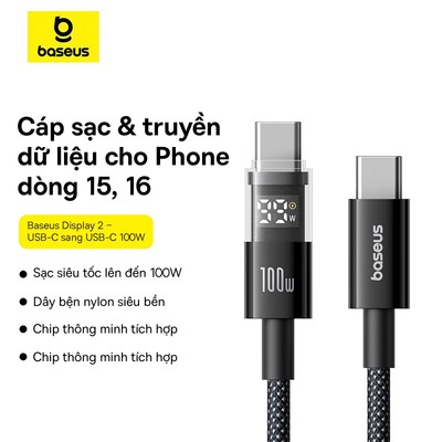Cáp dữ liệu sạc nhanh Baseus Display 2 Type-C sang USB-C 100W Dây cáp sạc nhanh 1m 2m cho iP 15 16 Xiaomi Huawei