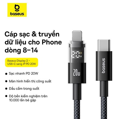 Cáp dữ liệu sạc nhanh Baseus Display 2 Type-C sang iP 20W Dây cáp sạc nhanh 1m 2m cho iP 11 12 13 14 Plus Pro Max