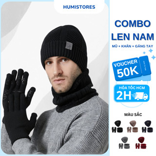 Set Len Mũ Khăn Bao Tay Len Giữ Ấm Cho Nam Lót Lông Mềm Mịn Thời Trang Mùa Đông