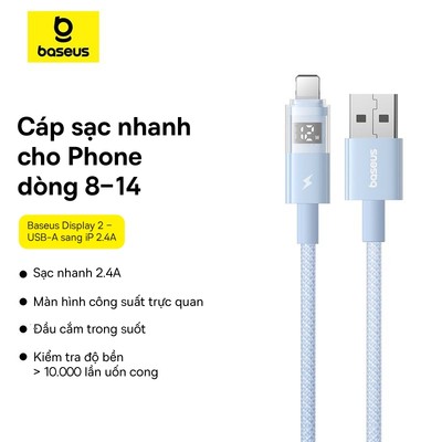 Cáp dữ liệu sạc nhanh Baseus Display 2 USB-A sang iP Dây cáp sạc nhanh 1m 2m cho Phone 11 12 13 14