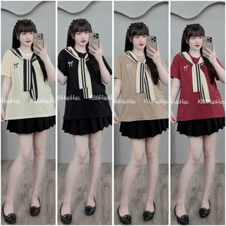 (Áo bầu công sở) Áo bầu cộc tay chất cotton cổ khăn vuông thêu nơ 1 bên ngực - A059