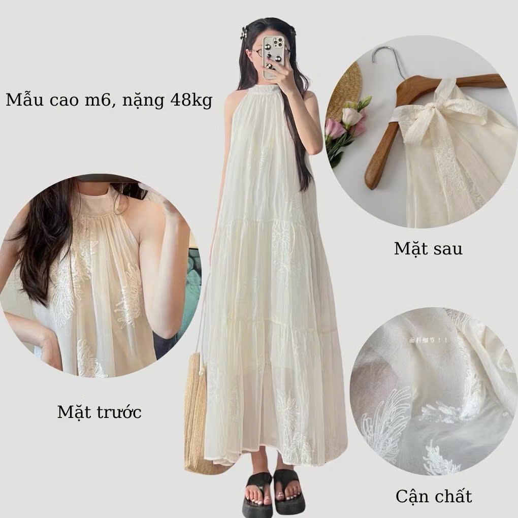 Đầm maxi đi biển chất vải voan thêu hoa, váy maxi dáng dài tiểu thư V235 SUTANO | BigBuy360 - bigbuy360.vn
