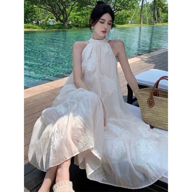 Đầm maxi đi biển chất vải voan thêu hoa, váy maxi dáng dài tiểu thư V235 SUTANO | BigBuy360 - bigbuy360.vn