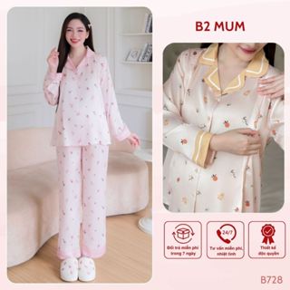 Bộ bầu mặc nhà và sau sinh lụa cao cấp mềm nhẹ mát áo có khóa dọc bé ti quần chun chỉnh - B728 B2MUM