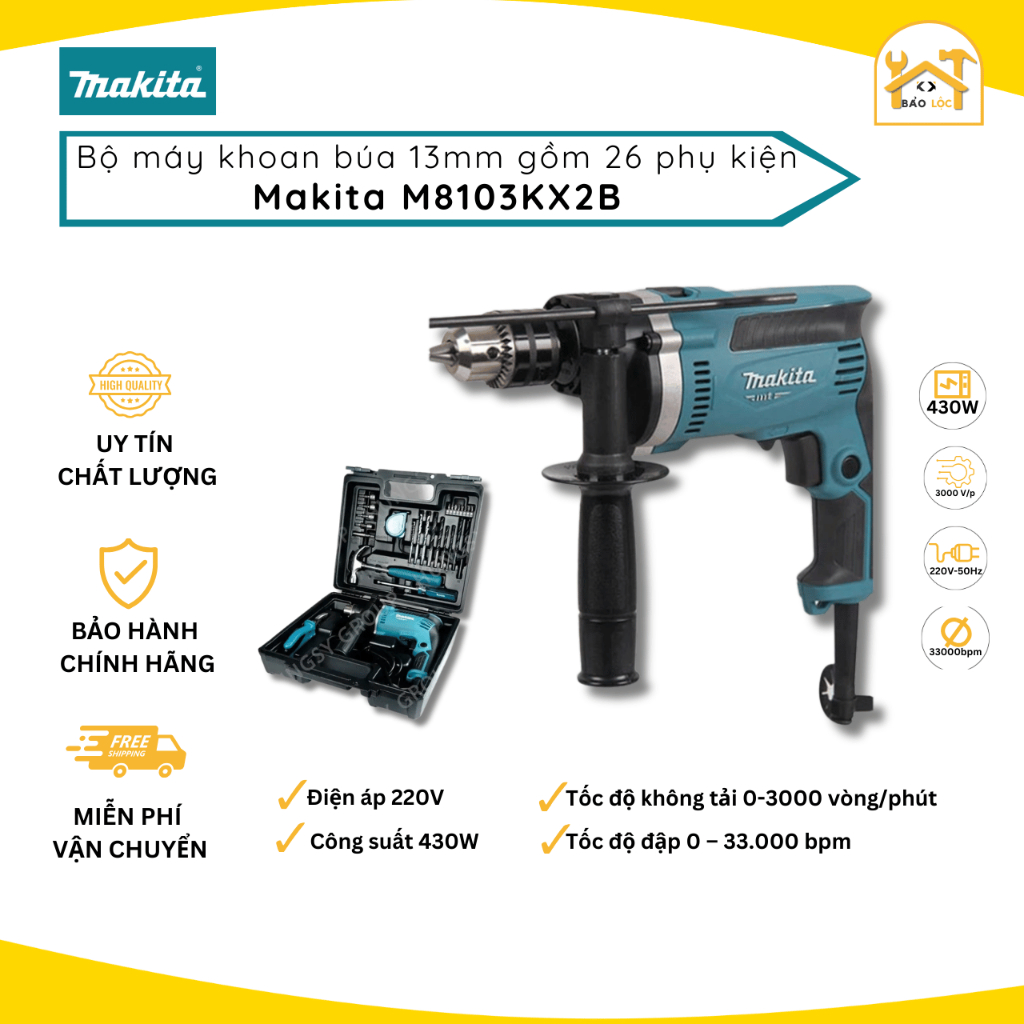 Máy khoan búa Makita M8103KX2B (kèm 26 phụ kiện) - Hàng chính hãng.