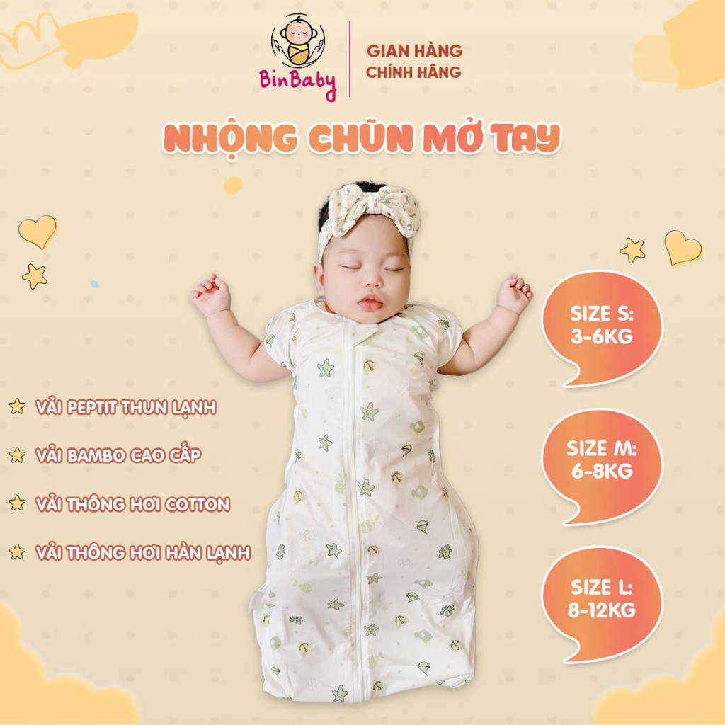 Nhộng chũn cho bé sơ sinh, nhộng chũn thông hơi mở tay cho bé BINBABY thoáng mát giúp bé ngủ ngon