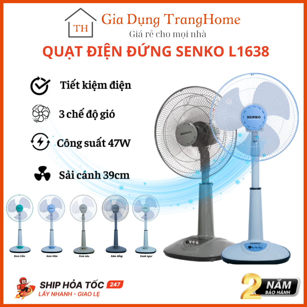 Quạt lửng Senko L1638  chính hãng - Quạt điện cây đứng lỡ 3 mức tốc độ gió không ồn , lõi đồng 100% , bảo hành 24 tháng