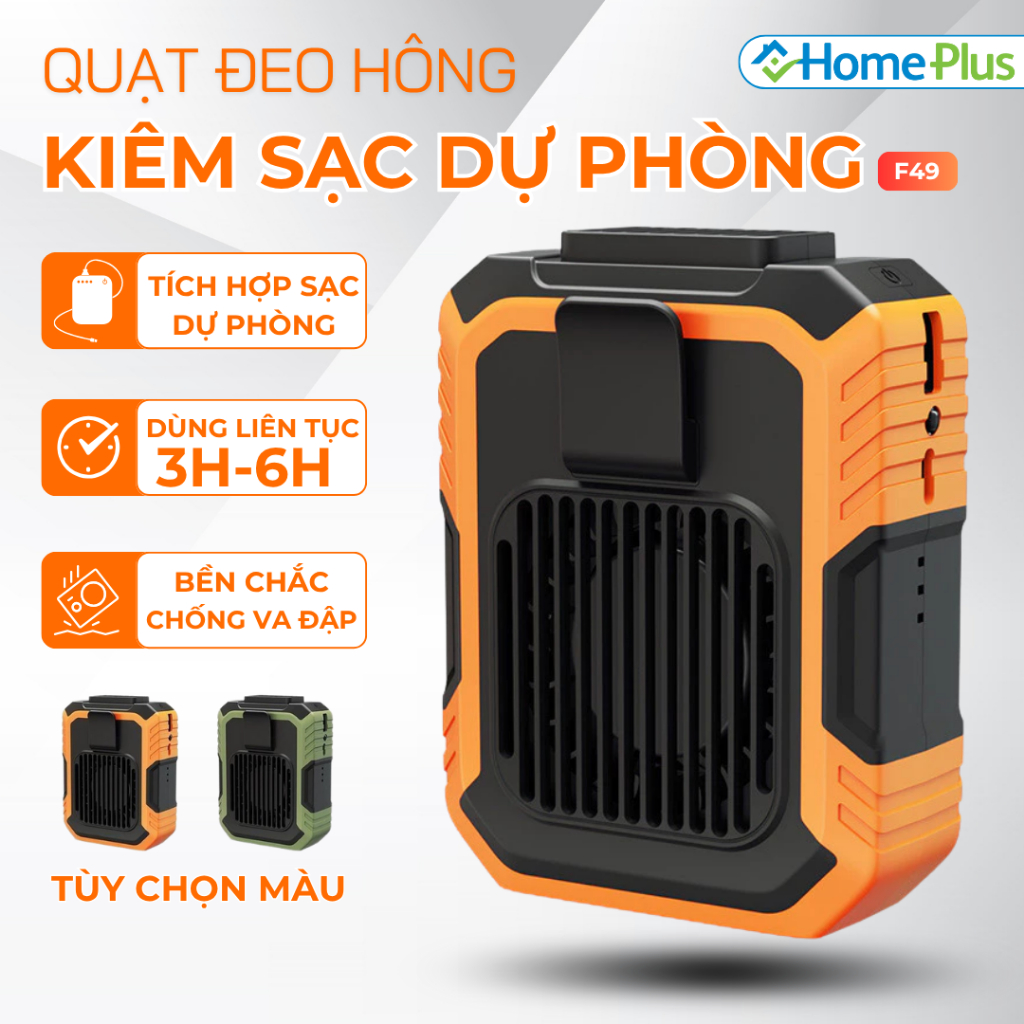 Quạt Tích Điện Kiêm Sạc Dự Phòng 6000mAh Đeo Thắt Lưng, Đeo Cổ, Cầm Tay, Để Bàn Với 3 Mức Gió, Cổng Sạc Type C Tiện Dụng