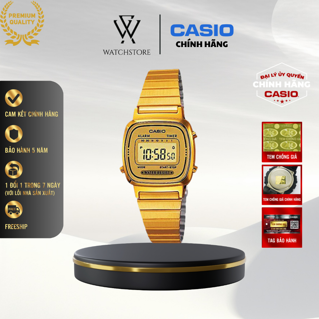 Đồng Hồ Điện Tử Nữ Casio Cổ Điển LA670WGA-9DF Mặt Kính Nhựa 24.6mm Chống Nước Dây Kim Loại Không Gỉ 