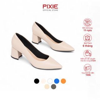 Giày Cao Gót Đế Vuông 5cm Mũi Nhọn Basic Màu Kem Pixie P055