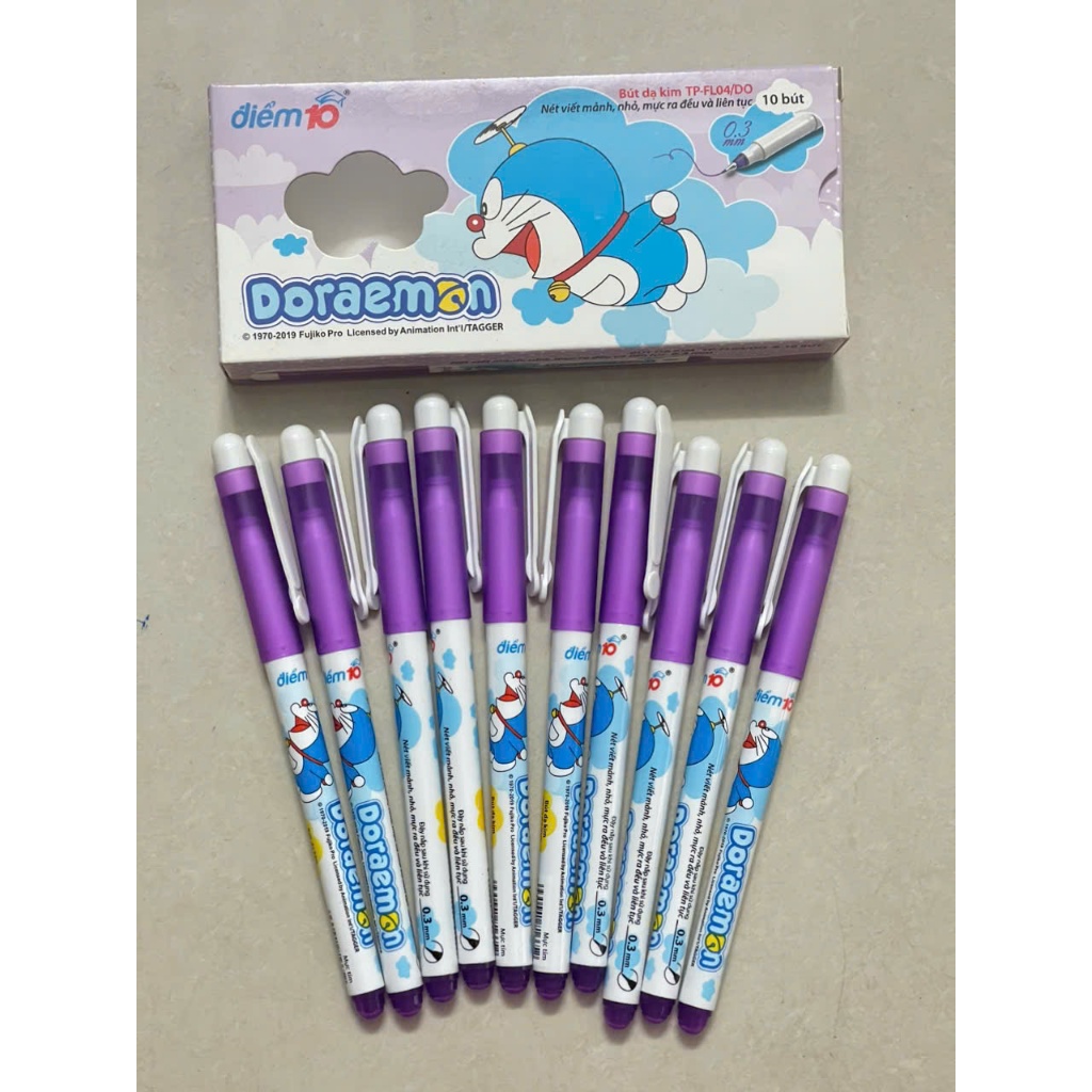 Combo 1 hộp Bút FL04 beebee tím (10 cây/hộp), bút lông kim beebee, bút doremon tím