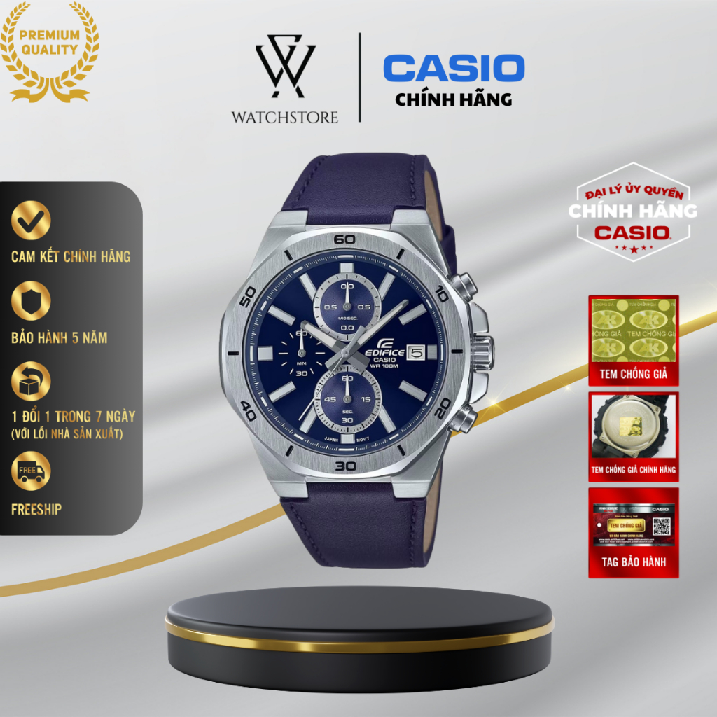 Đồng Hồ Nam Casio EFV-640L-2AVUDF 6 Kim Màu Xanh Mặt Kính Khoáng 44.3mm Chống Nước Dây Da Chính Hãng