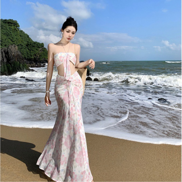 Luniva Dress M5882 Váy yếm cổ yếm hoa màu hồng phong cách nhẹ nhàng quyến rũ váy xinh đi biển  | LIZ