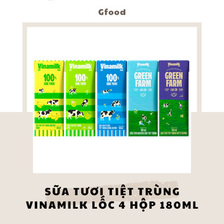   LỐC 4 HỘP  Vinamilk Sữa Tươi Tiệt Trùng Các Loại  Ít Béo Không Đường Chuối Ít Béo Dừa Dưa Lưới Green Farm  180ml 
