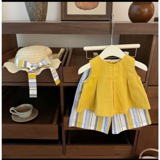  Sét Vàng + Mũ Quần Áo Bé Gái Áo Ba Lỗ Xếp Ly + Quần Lửng Kẻ Ống Xuông Cho Bé Gái Chất Đũi Mềm Mát Từ 8-35kg 