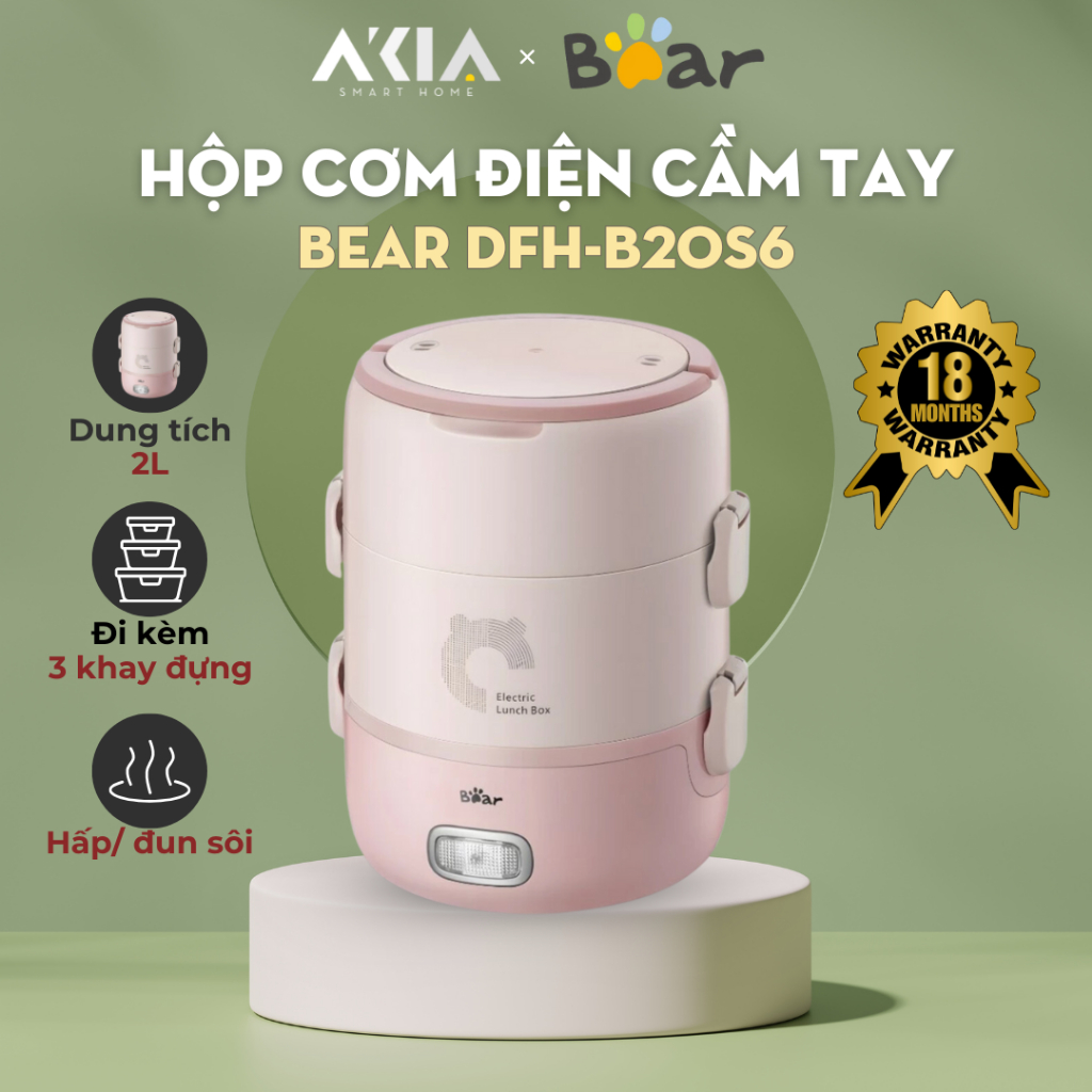 Hộp cơm điện văn phòng cầm tay Bear DFH-B20S6 - 3 khay đựng thực phẩm, hấp/đun sôi/hâm nóng, BH 18TH