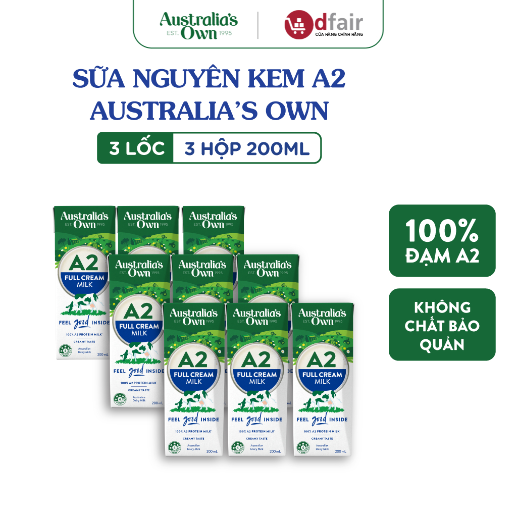Combo 9 hộp sữa tươi tiệt trùng Australia's Own A2 200ml