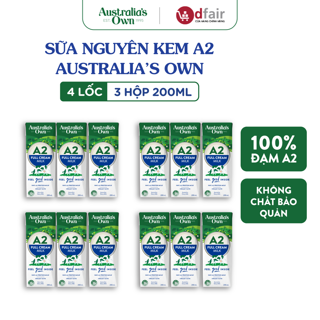 Combo 12 hộp sữa tươi tiệt trùng Australia's Own A2 200ml (4 Lốc 3 hộp)