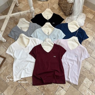 Áo Phông Hoạ Tiết Thêu Nơ Cổ Tim,Chất Cotton Giấy Mỏng,Nhẹ,Mát Hàng QC Mác S-sun Nữ