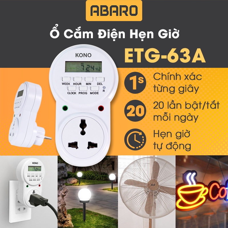 Ổ cắm hẹn giờ KONO ETG-63A, Hẹn giờ ngày tuần, 20 lần ON/OFF, cài đặt chính xác đến từng giây