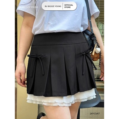 Chân váy xếp ly đính nơ 2 bên gấu phối ren trắng BIGSIZE (55kg đến 95kg) – 24YCV47 - [BU Bigsize Young]