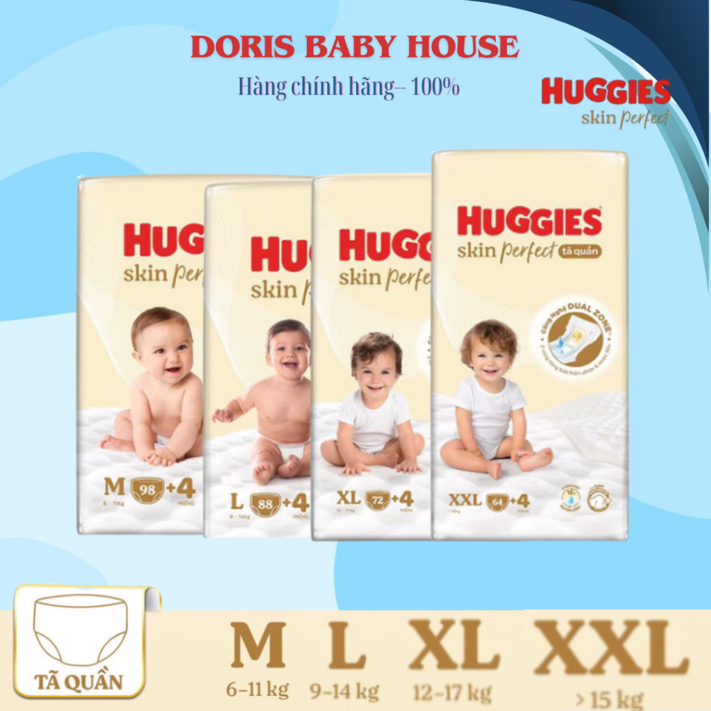 Tã quần/ Tã Dán Huggies Skin Perfect Mega Jumbo M98+4/ L88+4/XL72+4/XXL64+4 với 2 vùng thấm giảm kích ứng da