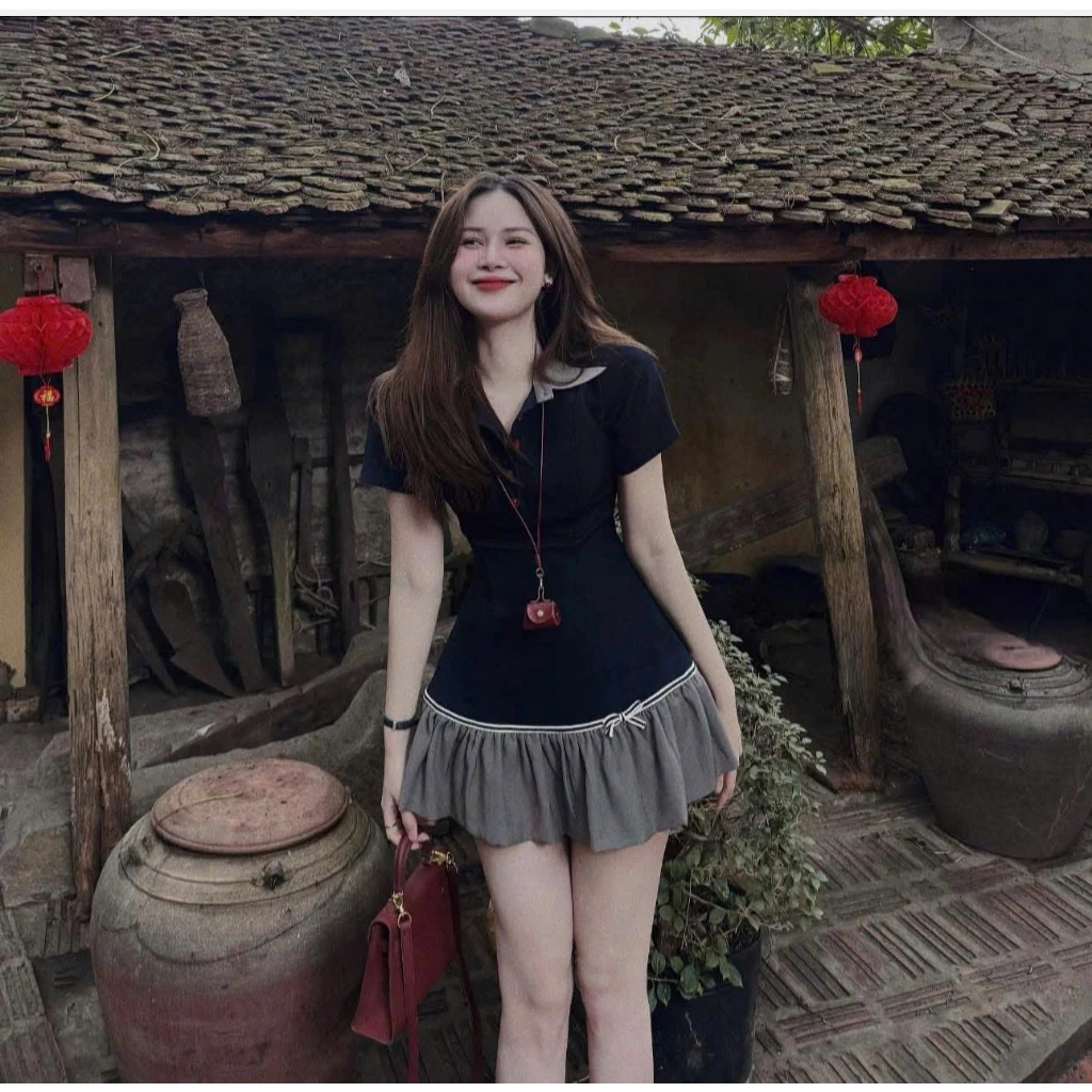 (Hàng chuẩn loại 1) Váy Thiết Kế Polo Cổ Sơ Mi Phối Xòe Thêu Nơ Cao Cấp Bun22 | BigBuy360 - bigbuy360.vn