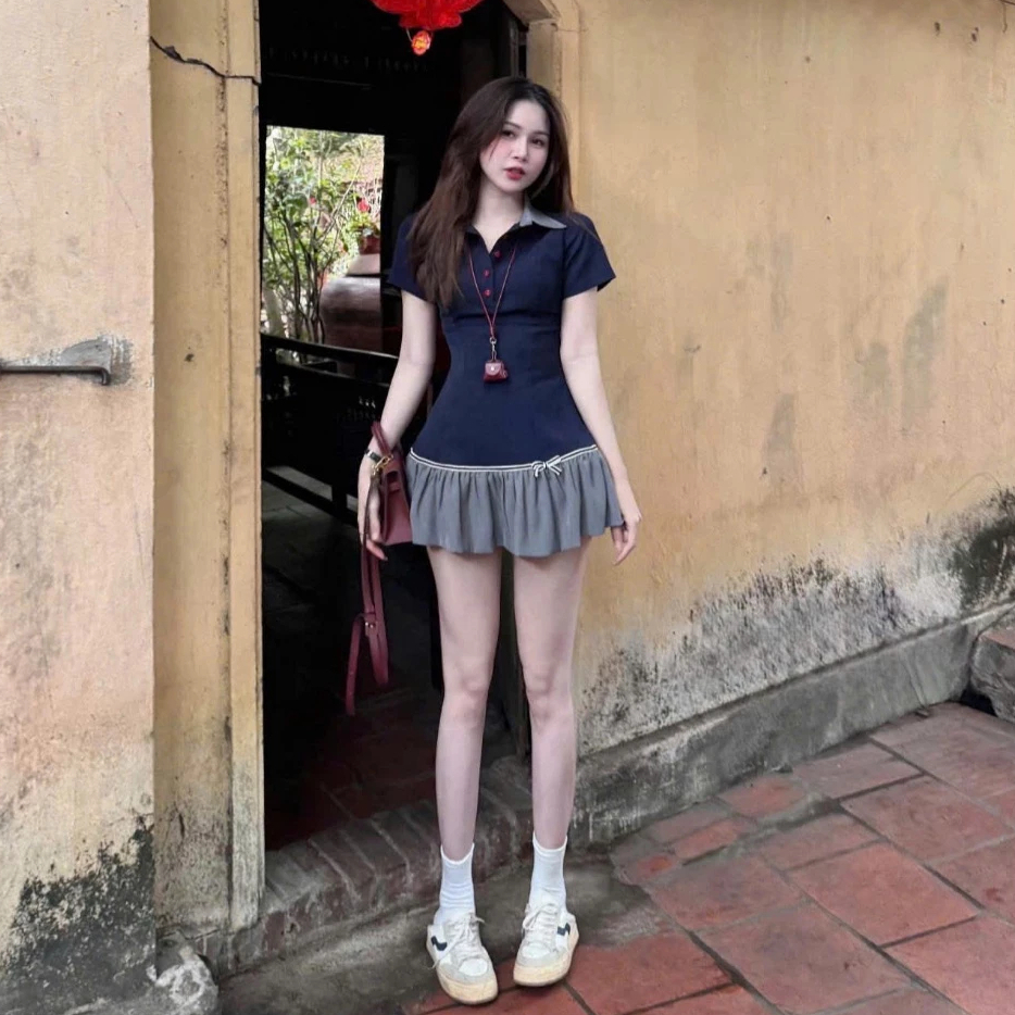 (Hàng chuẩn loại 1) Váy Thiết Kế Polo Cổ Sơ Mi Phối Xòe Thêu Nơ Cao Cấp Bun22 | BigBuy360 - bigbuy360.vn