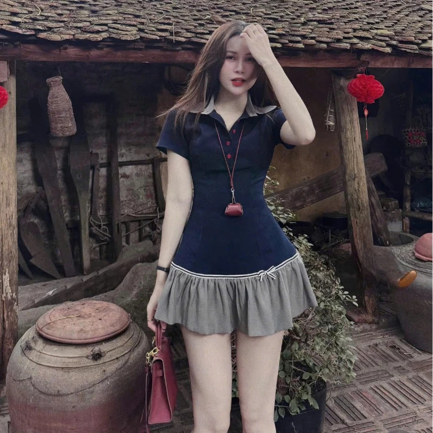 (Hàng chuẩn loại 1) Váy Thiết Kế Polo Cổ Sơ Mi Phối Xòe Thêu Nơ Cao Cấp Bun22 | BigBuy360 - bigbuy360.vn