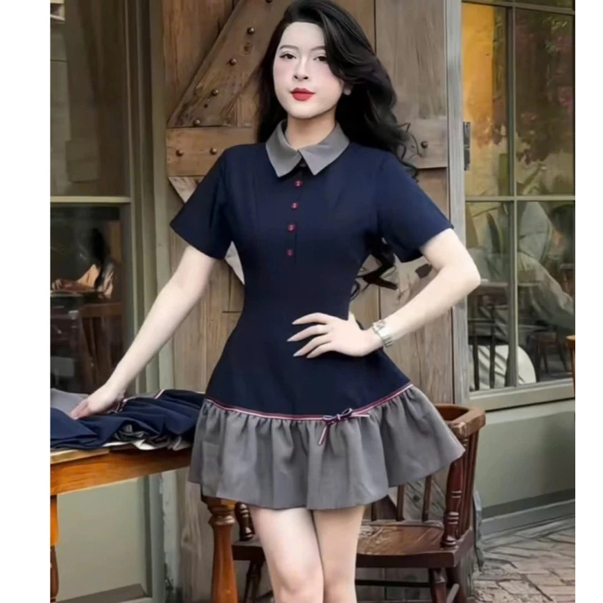 (Hàng chuẩn loại 1) Váy Thiết Kế Polo Cổ Sơ Mi Phối Xòe Thêu Nơ Cao Cấp Bun22 | BigBuy360 - bigbuy360.vn