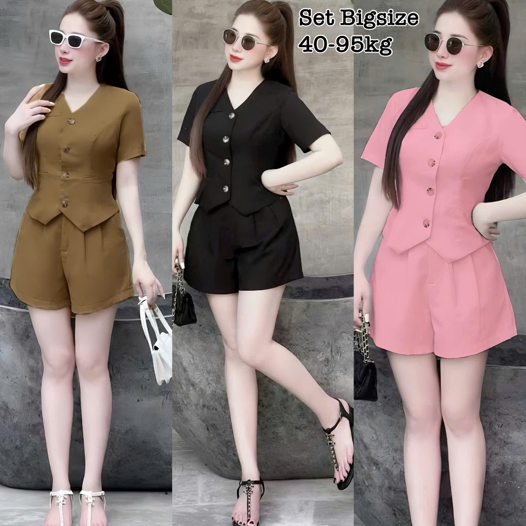Thời Trang Bigsize - Set Bộ Áo Gile Nữ Tay Ngắn Bigsize Cổ V Kèm Quần Đùi Bo Chun Lụa Chéo Thái Thiế