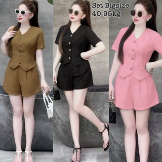 Thời Trang Bigsize - Set Bộ Áo Gile Nữ Tay Ngắn Bigsize Cổ V Kèm Quần Đùi Bo Chun Lụa Chéo Thái Thiết Kế Xinh 40-95kg