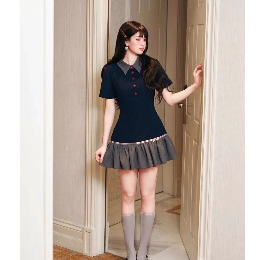 (Hàng chuẩn loại 1) Váy Thiết Kế Polo Cổ Sơ Mi Phối Xòe Thêu Nơ Cao Cấp Bun22 | BigBuy360 - bigbuy360.vn