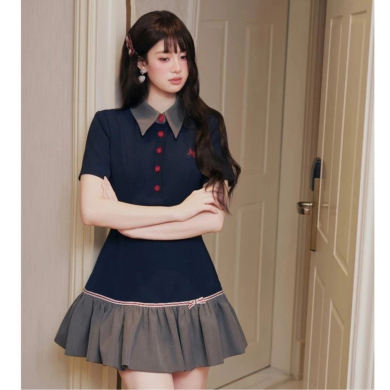 (Hàng chuẩn loại 1) Váy Thiết Kế Polo Cổ Sơ Mi Phối Xòe Thêu Nơ Cao Cấp Bun22 | BigBuy360 - bigbuy360.vn