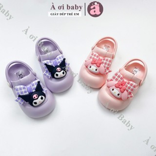 Dép sục Cheerful Mario hai màu tím hồng hình nơ kẻ Kuromi và Melody cho bé gái size từ 140-190