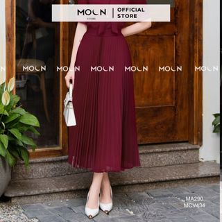  Chân váy xếp ly MOON cạp cao 2 lớp chất voan dập ly midi dáng dài công sở basic MCV434 
