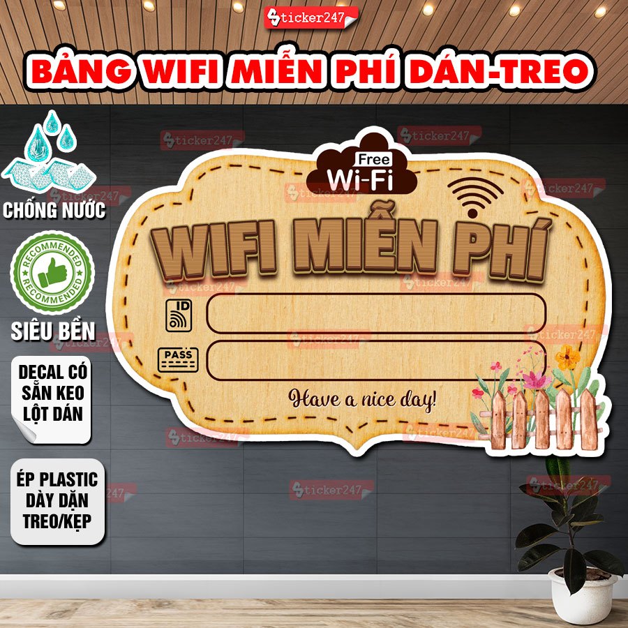 Decal Dán Biển Báo Wifi Giả Gỗ Chống Nước 🌈𝑭𝒓𝒆𝒆𝒔𝒉𝒊𝒑 Hình Dán/Ép Plastic Biển Wifi, Mật Khẩu Dán/Treo