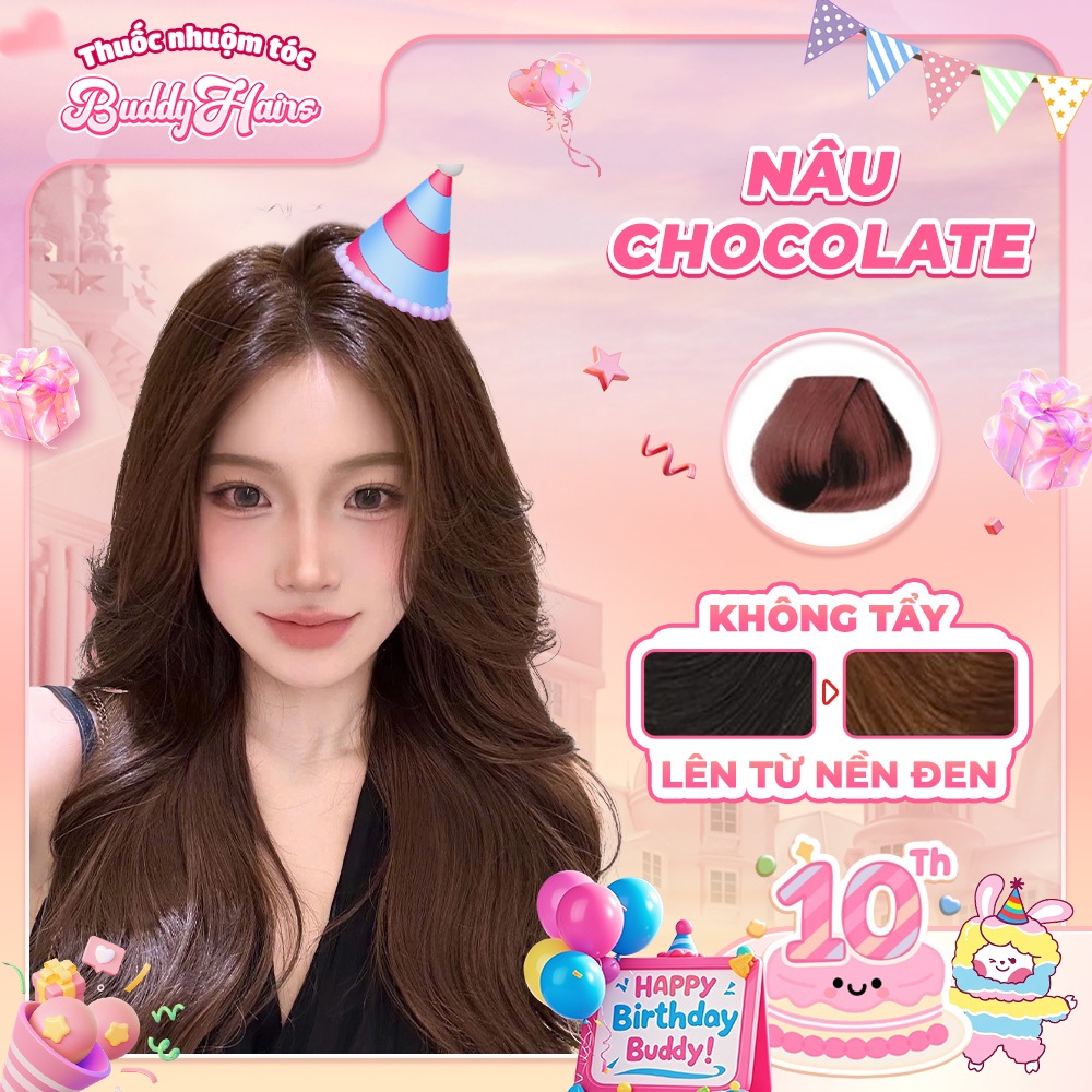 Thuốc nhuộm tóc màu NÂU SOCOLA, NÂU CHOCOLATE thuốc nhuộm tóc tại nhà Buddyhairs tặng kèm phụ kiện nhuộm tóc