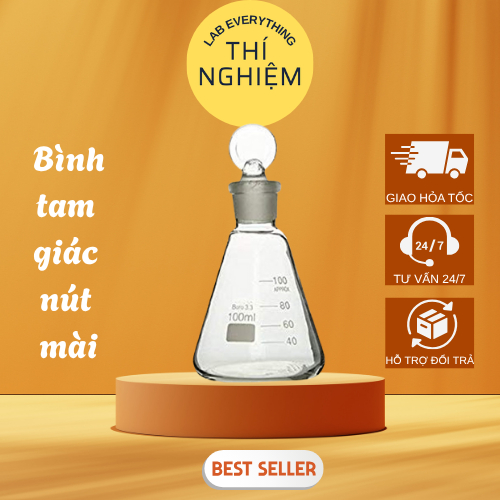 BÌNH TAM GIÁC NÚT MÀI, erlen cổ nhám, nắp mài thuỷ tinh, đựng mẫu thí nghiệm