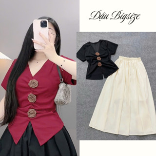 Set tiểu thư bigsize nữ áo thun tay ngắn đính hoa chất tăm QC kèm chân váy lụa maxi mềm mịn, co giãn - A275+CV15
