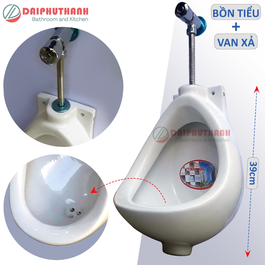 Bồn Tiểu Chậu Tiểu Nam MINH LONG Kèm Van Xả Tiểu - Bồn treo cao 39cm, rộng 26cm, van xả kiểu nhấn, đầu vào dùng phi 21