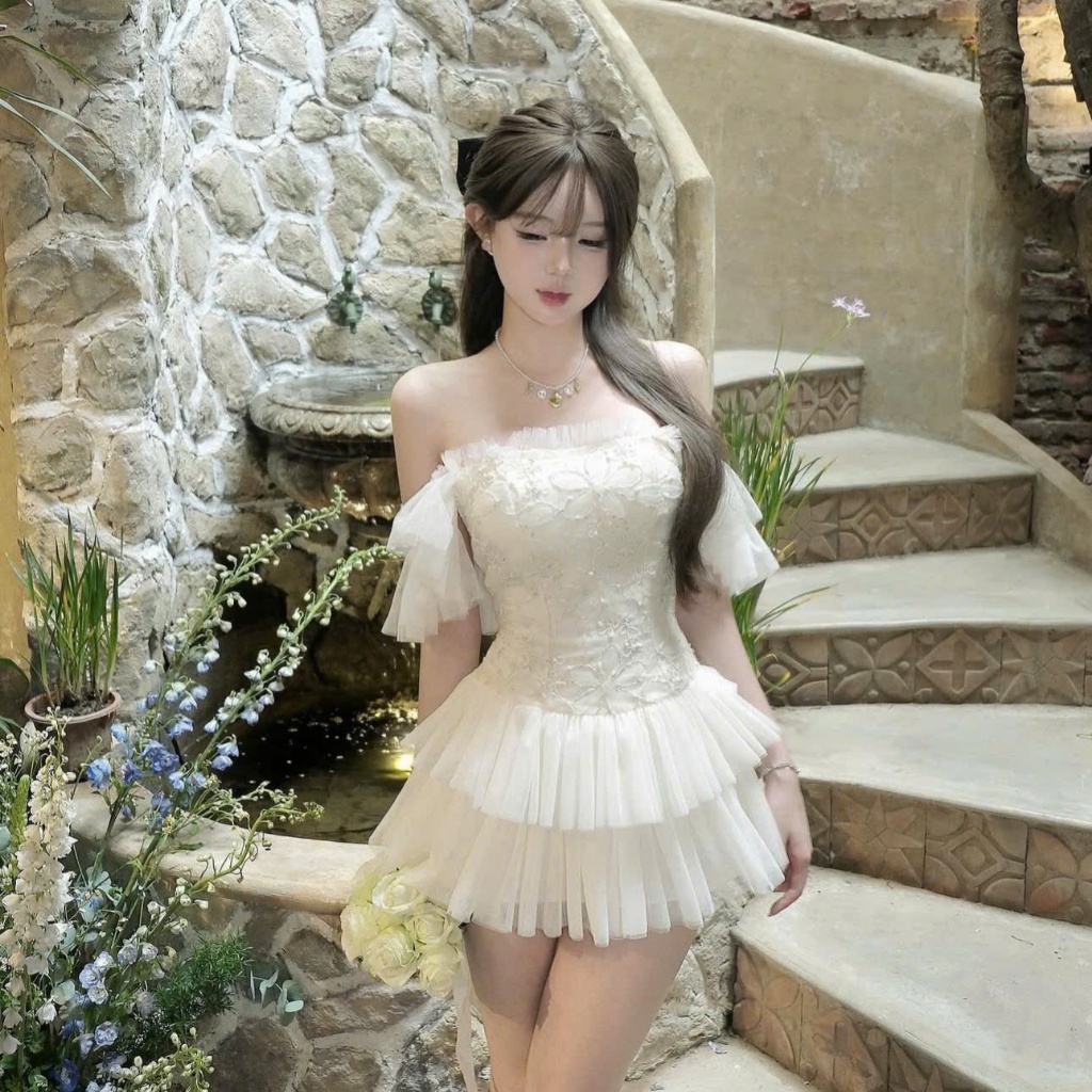  Váy trễ vai công chúa hoa nổi bèo tầng cao cấp Simbabo 