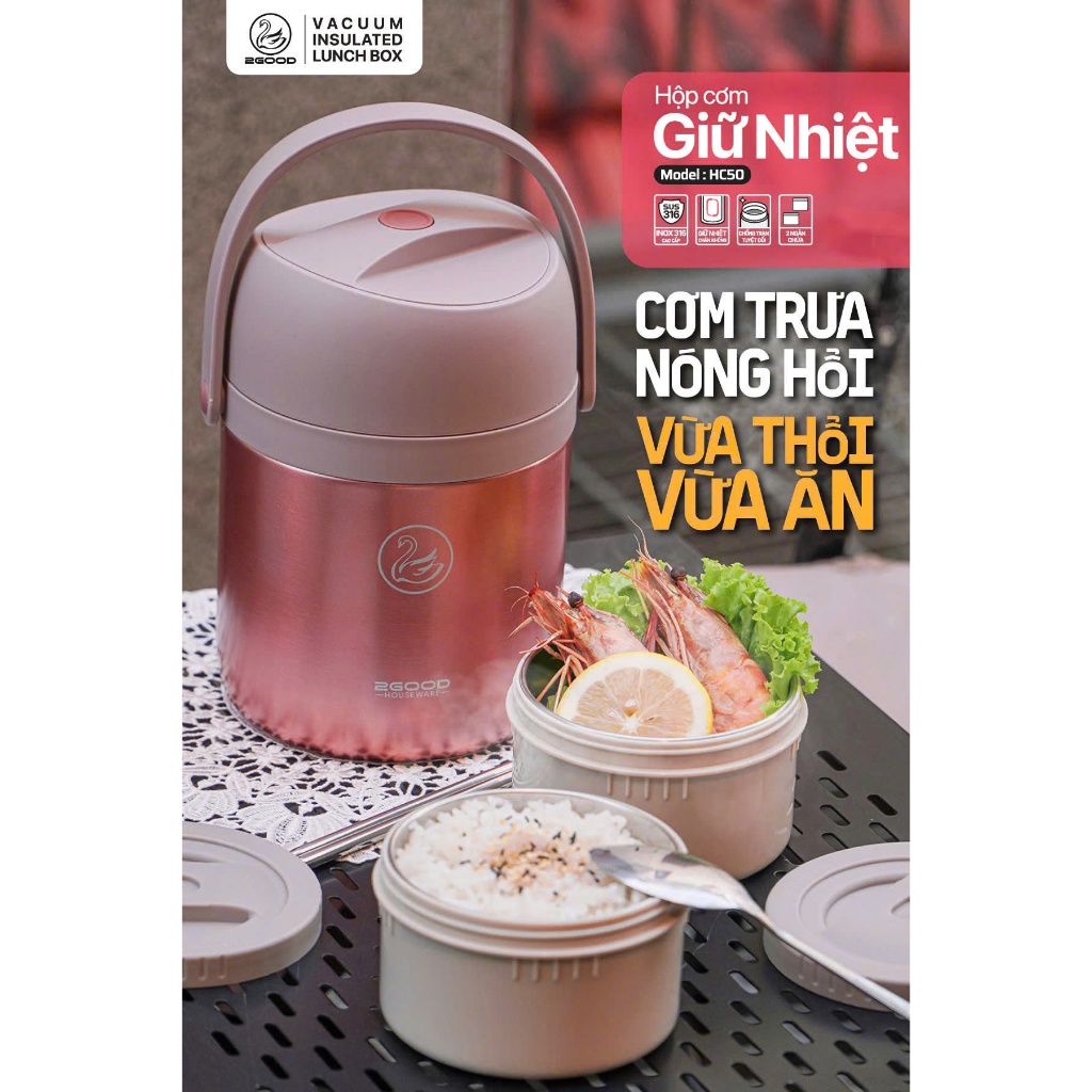 Hộp Cơm Giữ Nhiệt 2GOOD HC50 - 1600ml Inox SUS316 - Tặng Kèm Thìa Inox Gấp Gọn Và Đũa - Chính Hãng