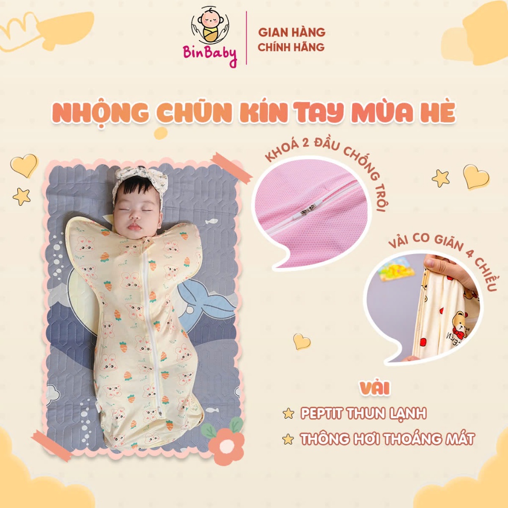 Nhộng chũn cho bé Binbaby, nhộng kín tay vải thông hơi, cotton peptit xuất Hàn giúp con ngủ ngon.