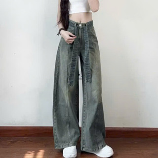 Quần bò suông mài đùi đai to cạp cao phom dáng chuẩn phong cách style