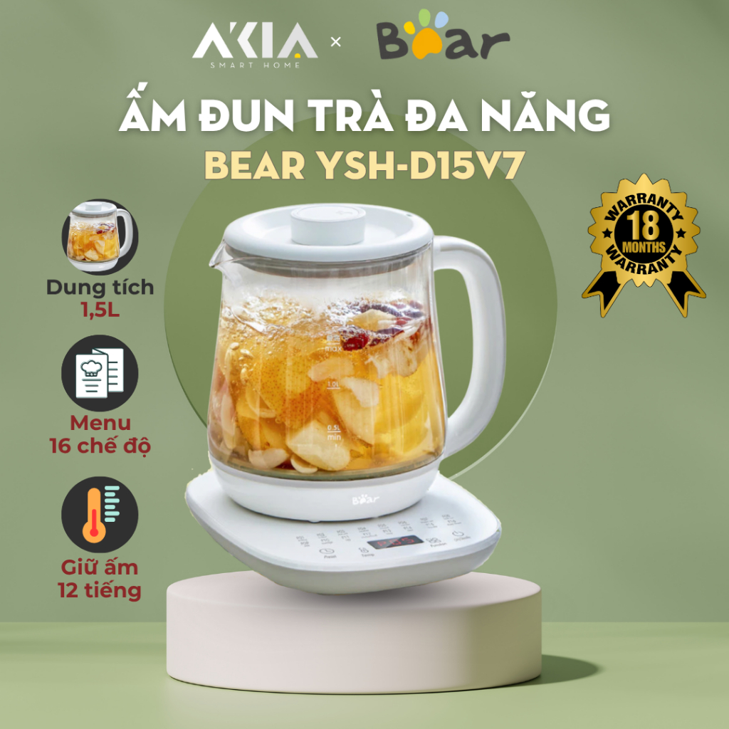 Ấm đun nước đa năng 1.5L Bear YSH-D15V7 - Menu 16 chức năng, Hẹn giờ - Bản Quốc tế