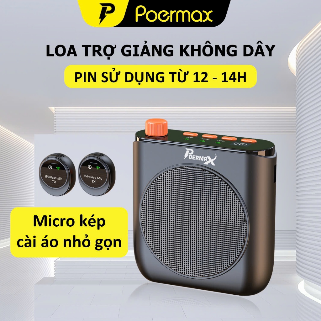 Loa trợ giảng có mic không dây cài áo Poermax J98 pin 14-16h, mic đôi 4-6h, âm thanh lớn, tiện dụng
