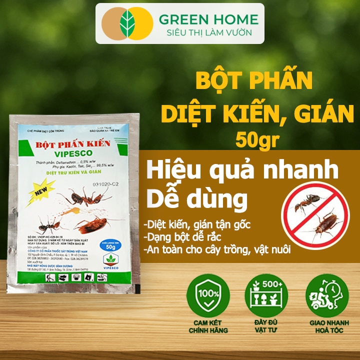 5 Gói Bột Phấn Kiến Vipesco, GreenHome, Gói 50gr, Hiệu Quả Cao, Dễ Sử Dụng, Trừ KIẾN, GIÁN,CÔN TRÙNG